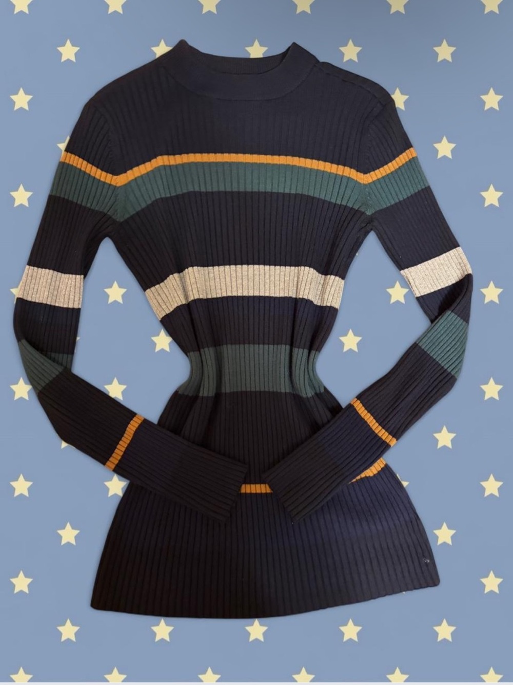 Navy Ribbed Turtleneck Striped Sweater